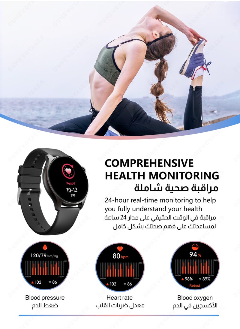 مسافر الكثبان - ساعة ذكية بشاشة AMOLED عالية الدقة، بطارية 280mAh، للرجال والنساء، أوضاع رياضية متعددة، مقاومة للماء IP68، مكالمات بلوتوث HD، مراقبة معدل ضربات القلب والأكسجين في الدم، تتبع GPS، ساعة ذكية فائقة أسود - Image 1