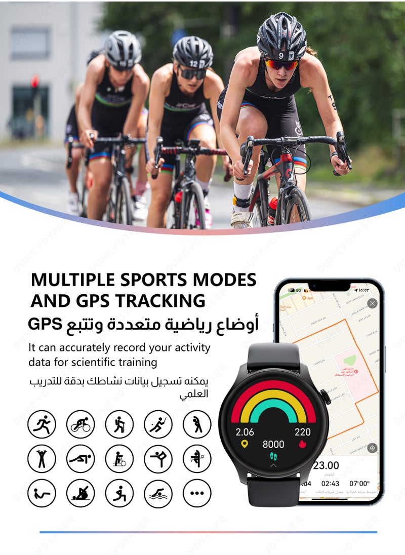 مسافر الكثبان - ساعة ذكية بشاشة AMOLED عالية الدقة، بطارية 280mAh، للرجال والنساء، أوضاع رياضية متعددة، مقاومة للماء IP68، مكالمات بلوتوث HD، مراقبة معدل ضربات القلب والأكسجين في الدم، تتبع GPS، ساعة ذكية فائقة أسود - Image 1