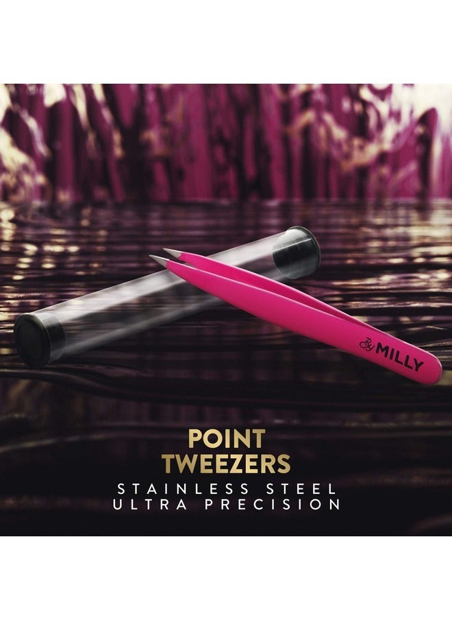 By MILLY - Pointed Tweezers | High Carbon Stainless Steel Needle Nose Tweezers | Fine Point Tweezers Precision Hair Removal | Perfectly Aligned & Hand-Filed Sharp Tweezers | Pink - Image 1