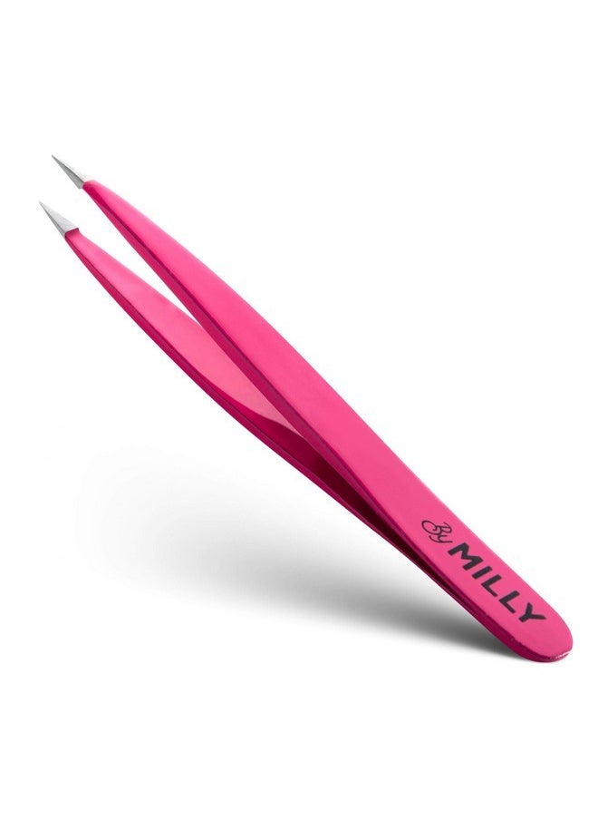 By MILLY - Pointed Tweezers | High Carbon Stainless Steel Needle Nose Tweezers | Fine Point Tweezers Precision Hair Removal | Perfectly Aligned & Hand-Filed Sharp Tweezers | Pink - Image 1