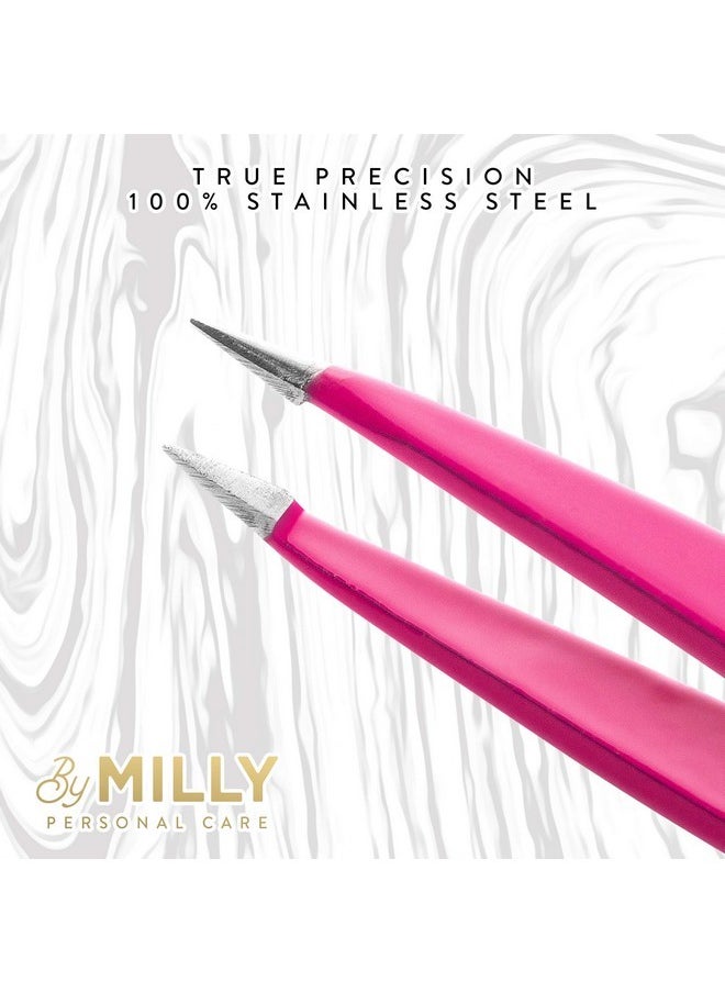By MILLY - Pointed Tweezers | High Carbon Stainless Steel Needle Nose Tweezers | Fine Point Tweezers Precision Hair Removal | Perfectly Aligned & Hand-Filed Sharp Tweezers | Pink - Image 1