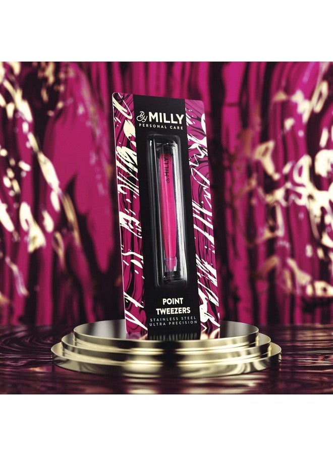 By MILLY - Pointed Tweezers | High Carbon Stainless Steel Needle Nose Tweezers | Fine Point Tweezers Precision Hair Removal | Perfectly Aligned & Hand-Filed Sharp Tweezers | Pink - Image 1