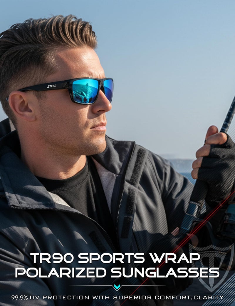 ATTCL Polarized Sunglasses Men for Fishing: UV Protection Lightweight TR90 Sports Wrap Sun Glasses Driving Golf Cycling Running 5001 black-blue - Image 2