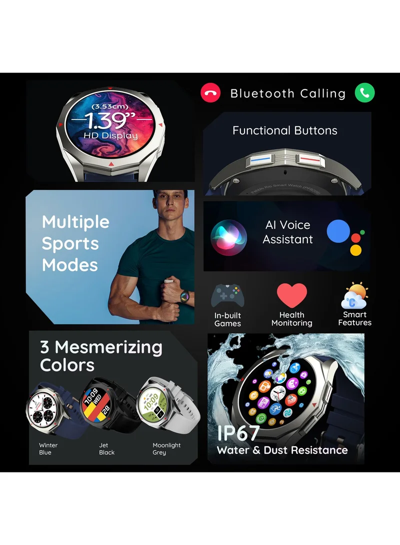 Pebble Rio 1.39" HD Display, Bluetooth Calling, Health Suite, Multiple Watch Faces, Full Touch Screen, Multi Sports Modes, Alarm & Notification, DIY Watch Faces, Metal Body, In-Build Games, World Clock