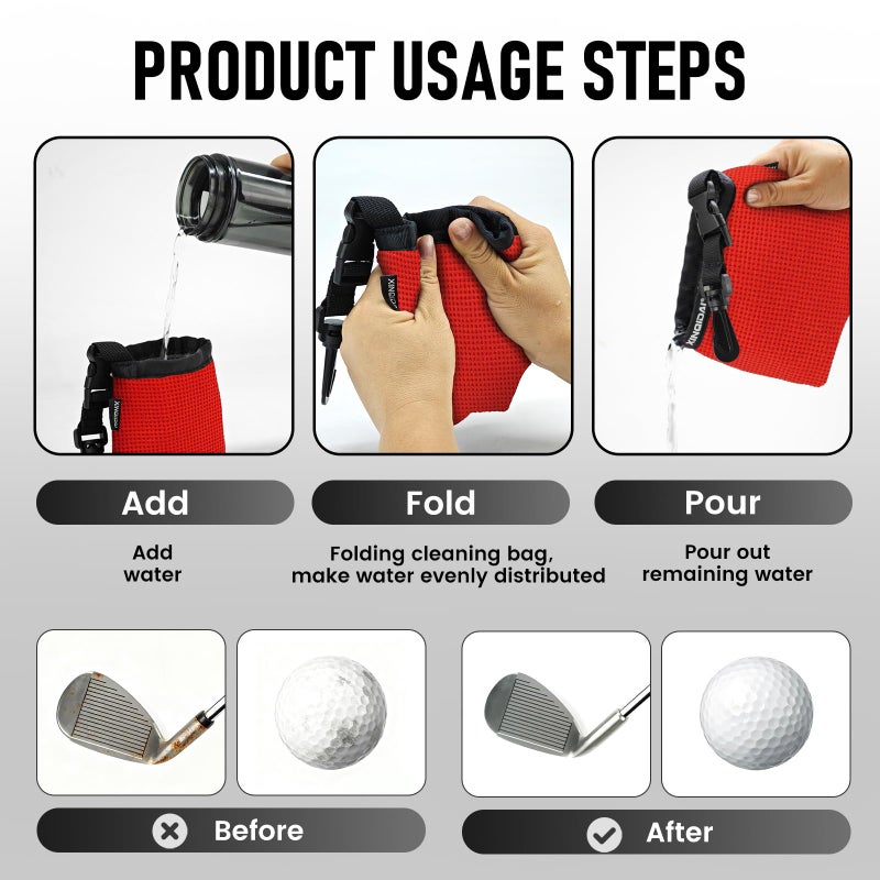 XINQIDAI Golf Club and Golf Ball Cleaning Bag - Cleans Club Grooves, Waterproof Clean Face Tech, Detachable Clip, Machine Washable, Stay-Dry Exterior,Gift for Men (1, RED) - Image 4