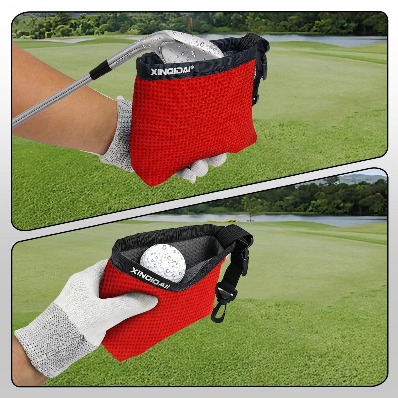 XINQIDAI Golf Club and Golf Ball Cleaning Bag - Cleans Club Grooves, Waterproof Clean Face Tech, Detachable Clip, Machine Washable, Stay-Dry Exterior,Gift for Men (1, RED) - Image 5