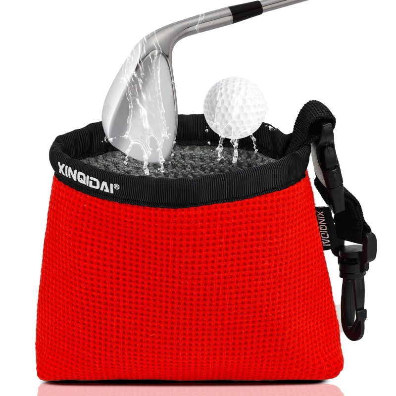 XINQIDAI Golf Club and Golf Ball Cleaning Bag - Cleans Club Grooves, Waterproof Clean Face Tech, Detachable Clip, Machine Washable, Stay-Dry Exterior,Gift for Men (1, RED) - Image 1