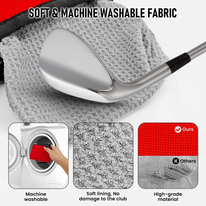 XINQIDAI Golf Club and Golf Ball Cleaning Bag - Cleans Club Grooves, Waterproof Clean Face Tech, Detachable Clip, Machine Washable, Stay-Dry Exterior,Gift for Men (1, RED) - Image 3