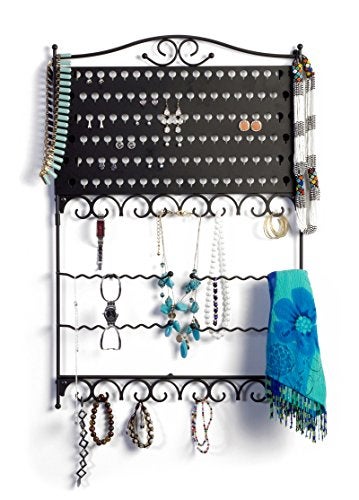 Mango Steam Deluxe Wall Mounted Closet/Wardrobe Display Hanger Organizer for Jewelry & Earrings With Hooks & Bar for Necklaces, Bracelets, Accessories - Black - Image 1