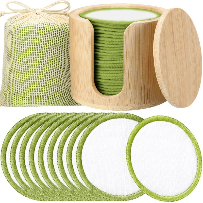 Foaincore Foaincore 40 Pcs Reusable Makeup Remover Pads with Mesh Laundry Bag Washable Bamboo Cotton Rounds Soft Reusable Face Pad for Toner Skin Types with Bamboo HolderWhite Green 