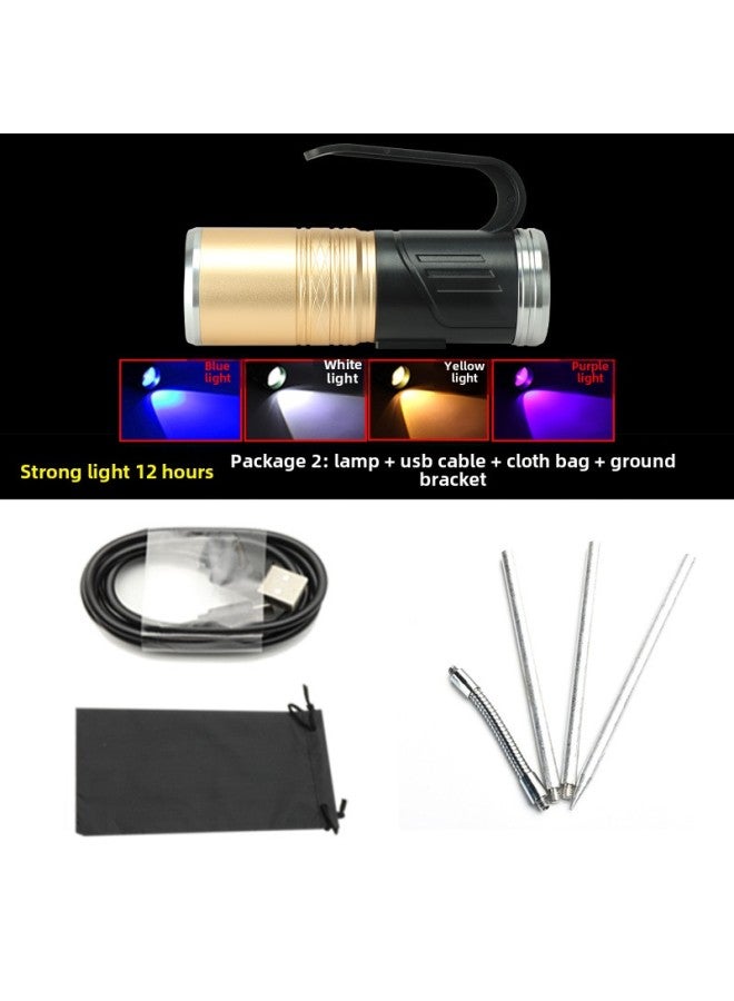 Highlight LED Night Fishing Lights Fishing Lights Blue Light Zoom Fishing Gear USB Strong Light Rechargeable Fish Flashlight-Color:4 Light Sleeve 2: Lamp + Wire + Cloth Bag + Floor Rack  - Image 1