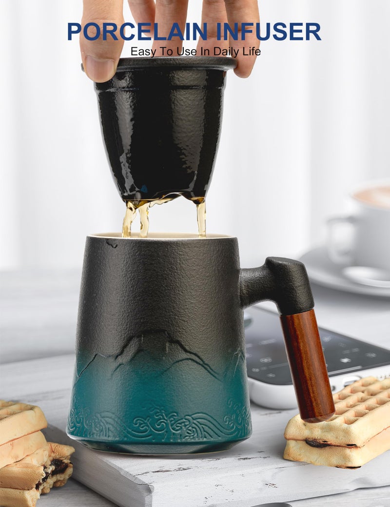 suyika Tea Cup with Infuser and Lid, 15.2 Ounce Wood Handle Ceramic Loose Leaf Mug Gradient Black&Green 450ml - Image 5