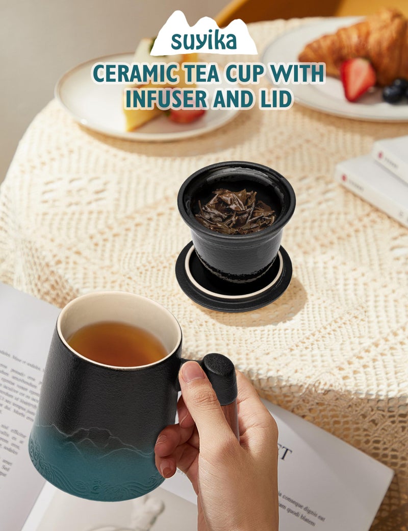 suyika Tea Cup with Infuser and Lid, 15.2 Ounce Wood Handle Ceramic Loose Leaf Mug Gradient Black&Green 450ml - Image 2