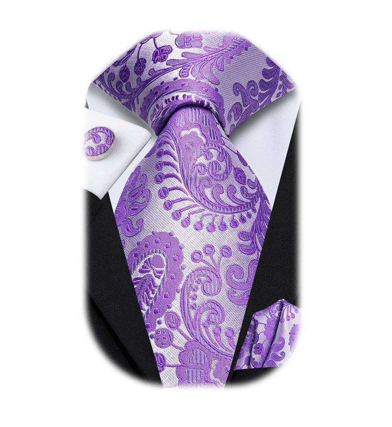 Dubulle Mens Paisely Floral Silk Tie for Men Striped Necktie and Pocket Square Set Wedding Business,B Light Purple - Image 1