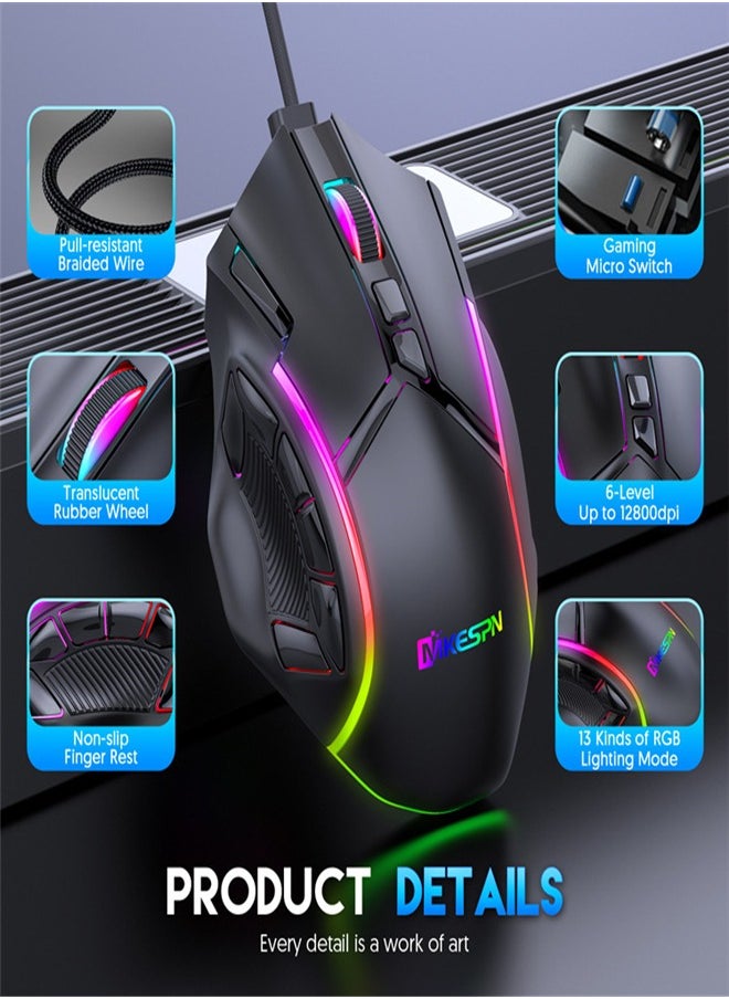 Full-speed 12800 DPI 12-key macro definition wired RGB gaming mouse