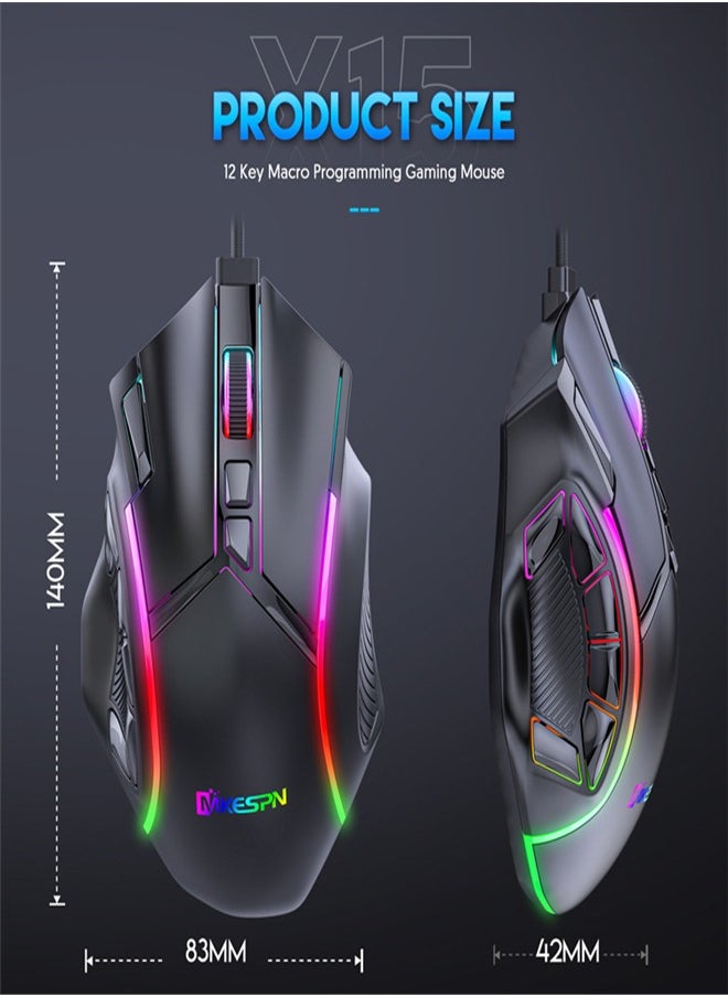 Full-speed 12800 DPI 12-key macro definition wired RGB gaming mouse