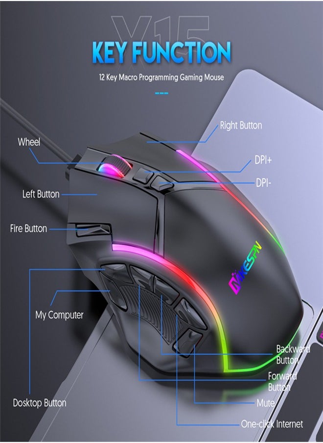 Full-speed 12800 DPI 12-key macro definition wired RGB gaming mouse