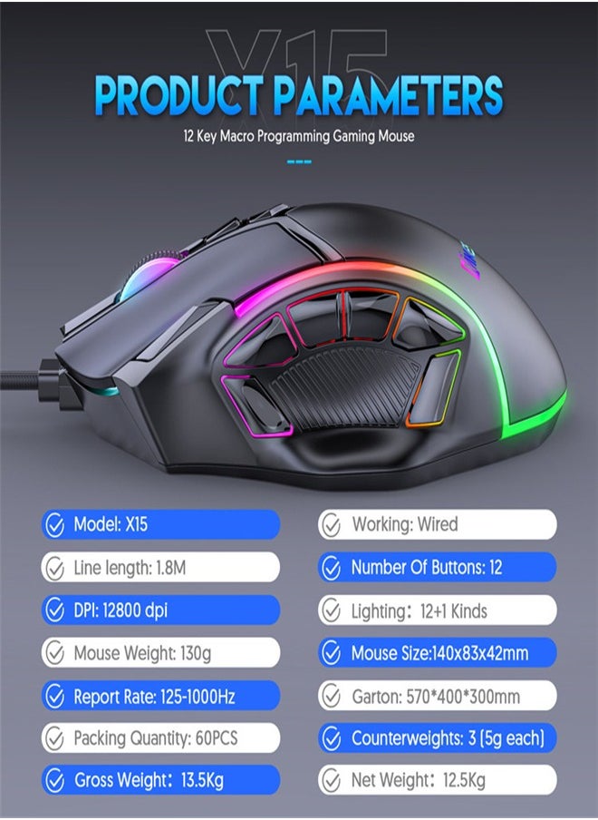 Full-speed 12800 DPI 12-key macro definition wired RGB gaming mouse