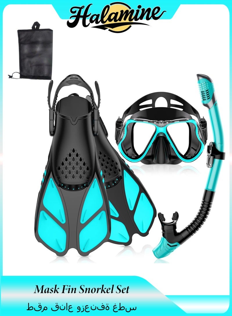 هالامين طقم قناع وزعانف وغطس، معدات غطس بحجم مناسب للسفر للبالغين مع قناع مضاد للضباب وبإطلالة بانورامية، زعانف تريك، أنبوب غطس جاف وحقيبة معدات للتدريب على السباحة، طقم غطس وحزم غوص - Image 1