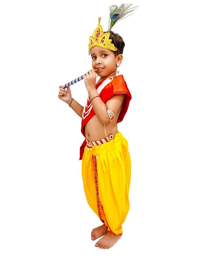 BookMyCostume BookMyCostume Krishna Yellow Costume Dhoti & Red Patka with Light Pearl Jewellery and Mukut Set - Janmashtami Dress Costume for Baby Kanha Laddu Gopal - Boys & Girls 1-2 Years  - Image 4