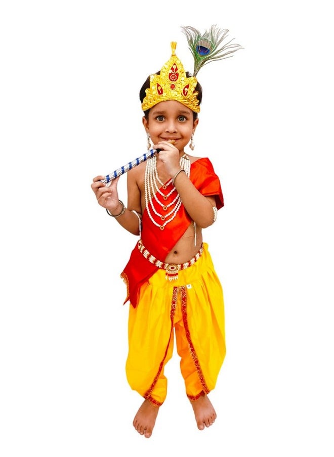 BookMyCostume BookMyCostume Krishna Yellow Costume Dhoti & Red Patka with Light Pearl Jewellery and Mukut Set - Janmashtami Dress Costume for Baby Kanha Laddu Gopal - Boys & Girls 1-2 Years  - Image 1