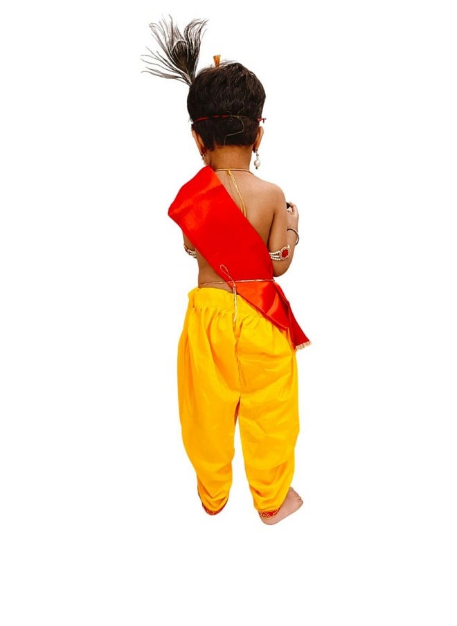 BookMyCostume BookMyCostume Krishna Yellow Costume Dhoti & Red Patka with Light Pearl Jewellery and Mukut Set - Janmashtami Dress Costume for Baby Kanha Laddu Gopal - Boys & Girls 1-2 Years  - Image 3
