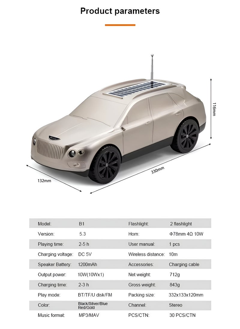 B1 Solar-Powered Car-Shaped Bluetooth Speaker with 10W Stereo Sound and Front Light - Up to 6 Hours of Playtime-GOLD