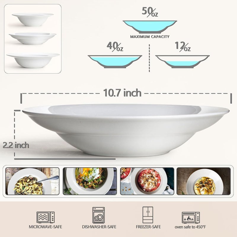 Wareland Large Pasta Bowls 50 Ounces Big Salad Bowls 107 inch White Soup Bowls Ceramic Serving Bowl Set of 4 Wide and Shallow Bowls Set Microwave and Dishwasher Safe - Image 2