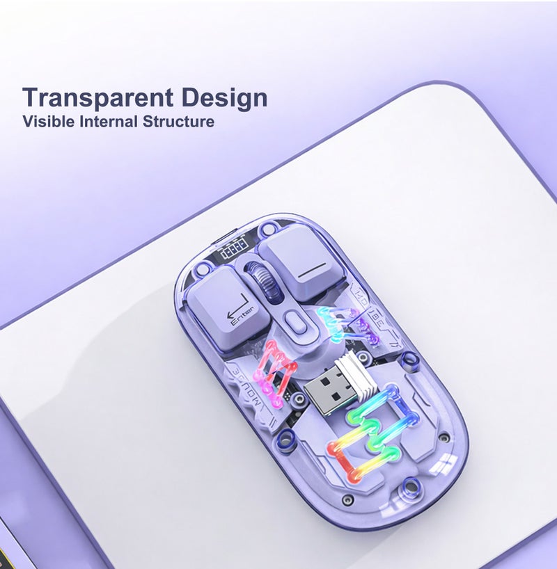 FOREV Wireless Mouse Dual Mode (2.4G + Bluetooth 5.1) Rechargeable Bluetooth Mouse with RGB Backlit, up to 1600 DPI, Type C, Transparent Ergonomic Design for Mac Mini PC Gaming Laptop MacBook (Purple) - Image 2
