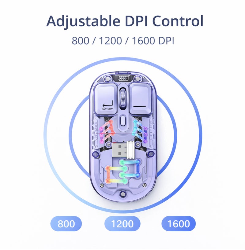FOREV Wireless Mouse Dual Mode (2.4G + Bluetooth 5.1) Rechargeable Bluetooth Mouse with RGB Backlit, up to 1600 DPI, Type C, Transparent Ergonomic Design for Mac Mini PC Gaming Laptop MacBook (Purple) - Image 4
