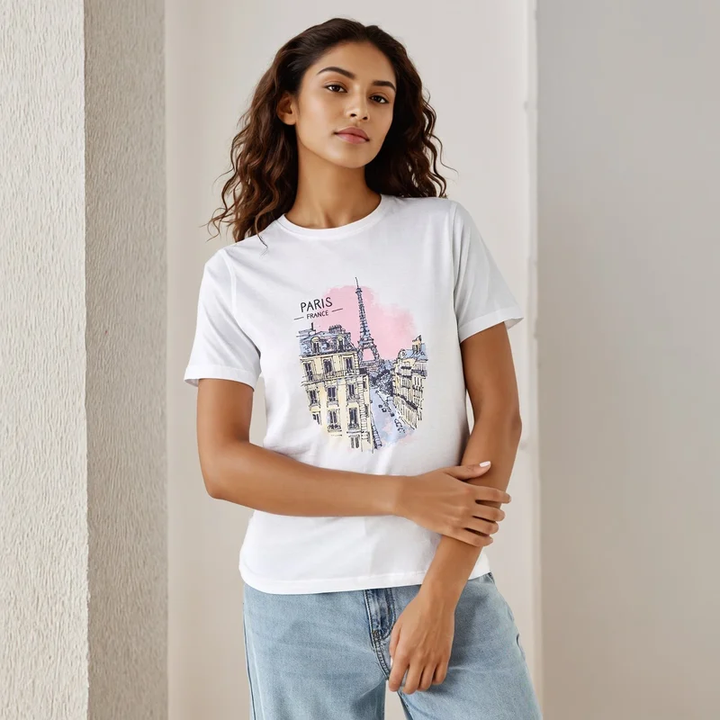 Splash FAV Paris Print T-shirt with Crew Neck