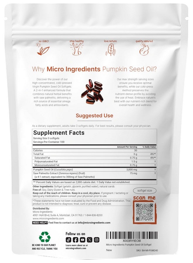 Micro Ingredients Pumpkin Seed Oil with Saw Palmetto, 3000mg Per Serving, 300 Softgels | Cold Pressed, Pure Virgin Oil, Essential Fatty Acids & Phytosterols | Supports Hair, Urinary, Bladder & Prostate Health | Non-GMO - Image 2