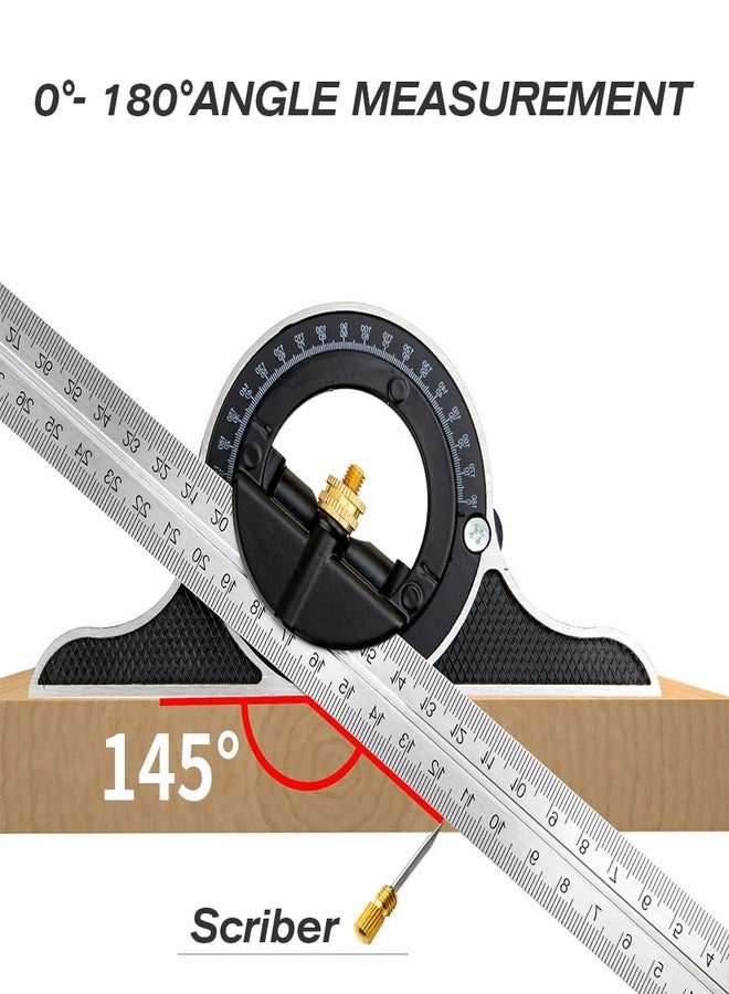 BAUSATZ 12 inch Stainless Steel Combo Square - Universal Bevel 180 Degree Angle Combination Square Set Protractor Ruler - Image 3