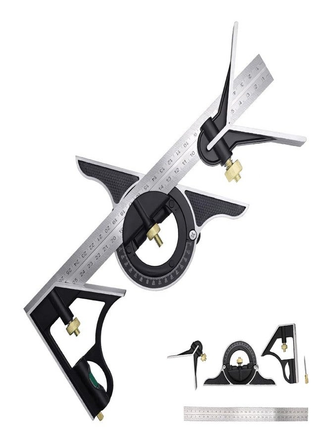 BAUSATZ 12 inch Stainless Steel Combo Square - Universal Bevel 180 Degree Angle Combination Square Set Protractor Ruler - Image 1