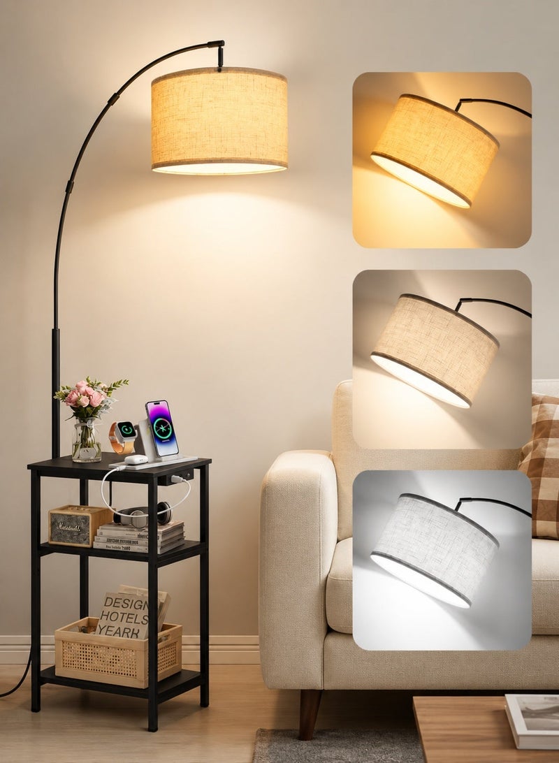OUTON Arc Floor Lamp with Table & Remote, Side End Table with Charging Station, Dimmable Nightstand with 3 Color Temperatures, 1-Hour Timer, 9W LED Bulb, for Living Room, Bedroom - Image 1
