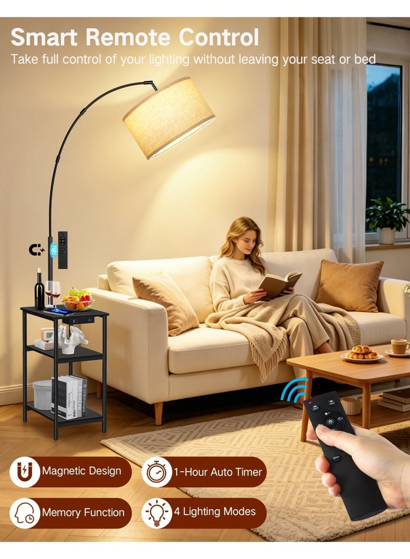 OUTON Arc Floor Lamp with Table & Remote, Side End Table with Charging Station, Dimmable Nightstand with 3 Color Temperatures, 1-Hour Timer, 9W LED Bulb, for Living Room, Bedroom - Image 5