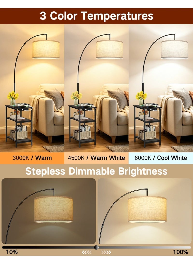 OUTON Arc Floor Lamp with Table & Remote, Side End Table with Charging Station, Dimmable Nightstand with 3 Color Temperatures, 1-Hour Timer, 9W LED Bulb, for Living Room, Bedroom - Image 3