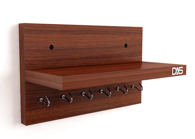DAS Wall Mounted Home Decor Key Chain Holder/Organizer with Wall Shelf Display Rack Ideal for Living Room and Office Walls (6 Hooks) Classic Walnut- Mabel - Image 2