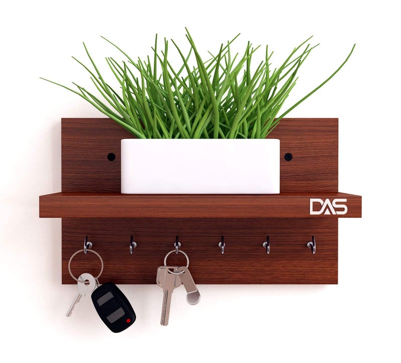 DAS Wall Mounted Home Decor Key Chain Holder/Organizer with Wall Shelf Display Rack Ideal for Living Room and Office Walls (6 Hooks) Classic Walnut- Mabel - Image 1