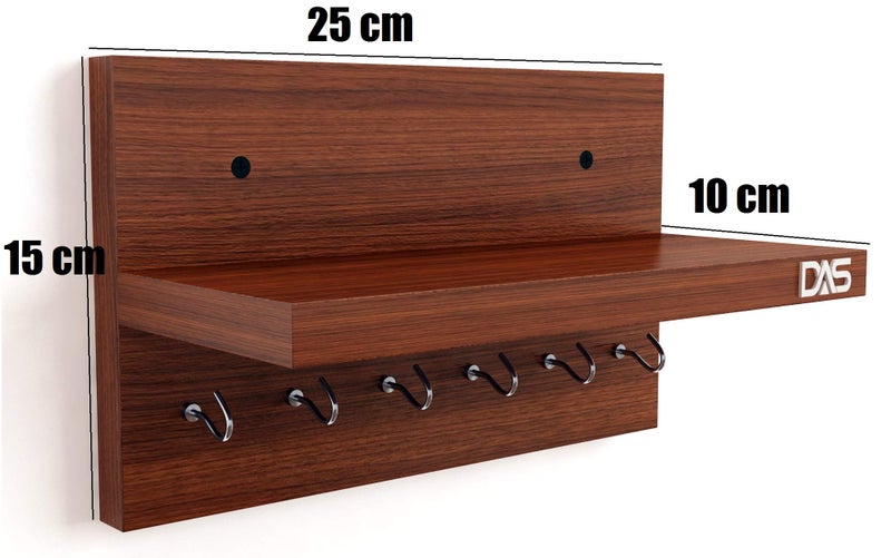 DAS Wall Mounted Home Decor Key Chain Holder/Organizer with Wall Shelf Display Rack Ideal for Living Room and Office Walls (6 Hooks) Classic Walnut- Mabel - Image 3