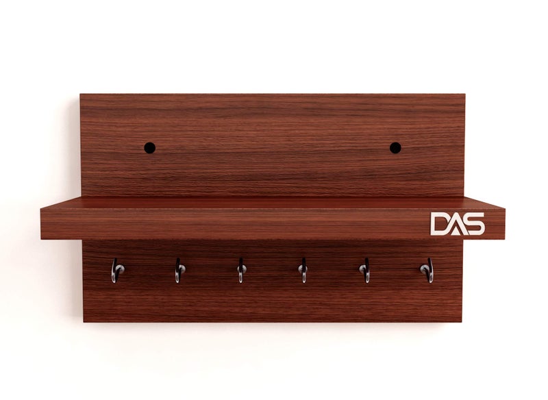 DAS Wall Mounted Home Decor Key Chain Holder/Organizer with Wall Shelf Display Rack Ideal for Living Room and Office Walls (6 Hooks) Classic Walnut- Mabel - Image 5