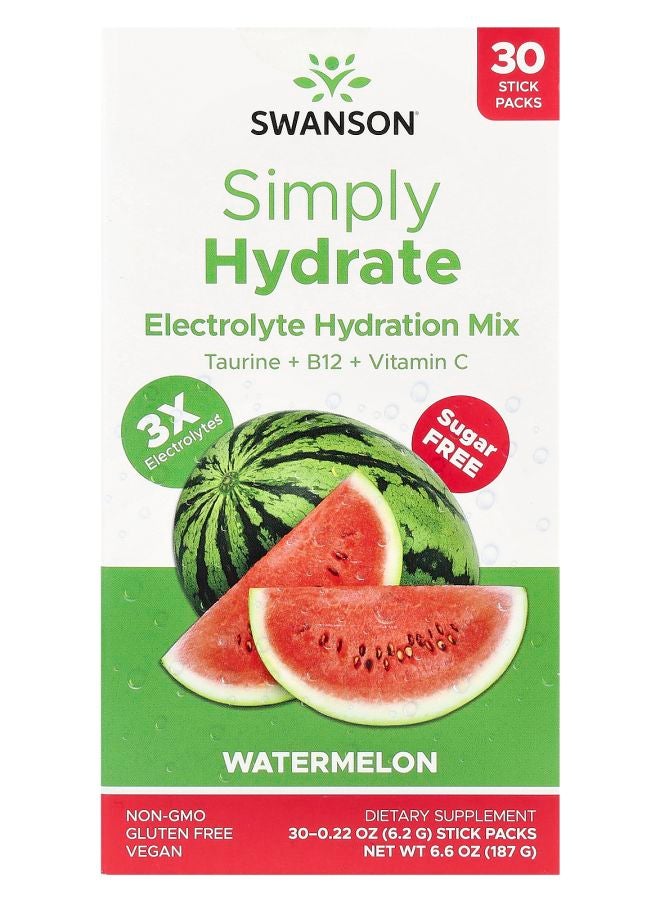 SWANSON Simply Hydrate Electrolyte Hydration Mix Sugar Free Watermelon 30 Stick Packs 0.22 oz (6.2 g) Each