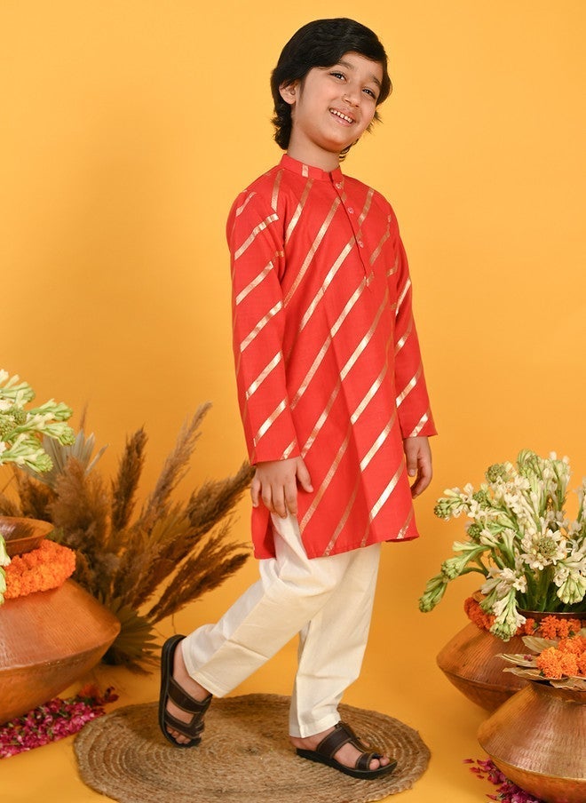 Saka Designs Boys Striped Kurta with Pyjamas in Red - Image 3