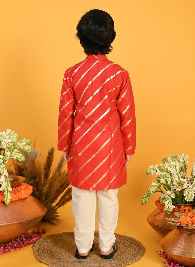 Saka Designs Boys Striped Kurta with Pyjamas in Red - Image 5