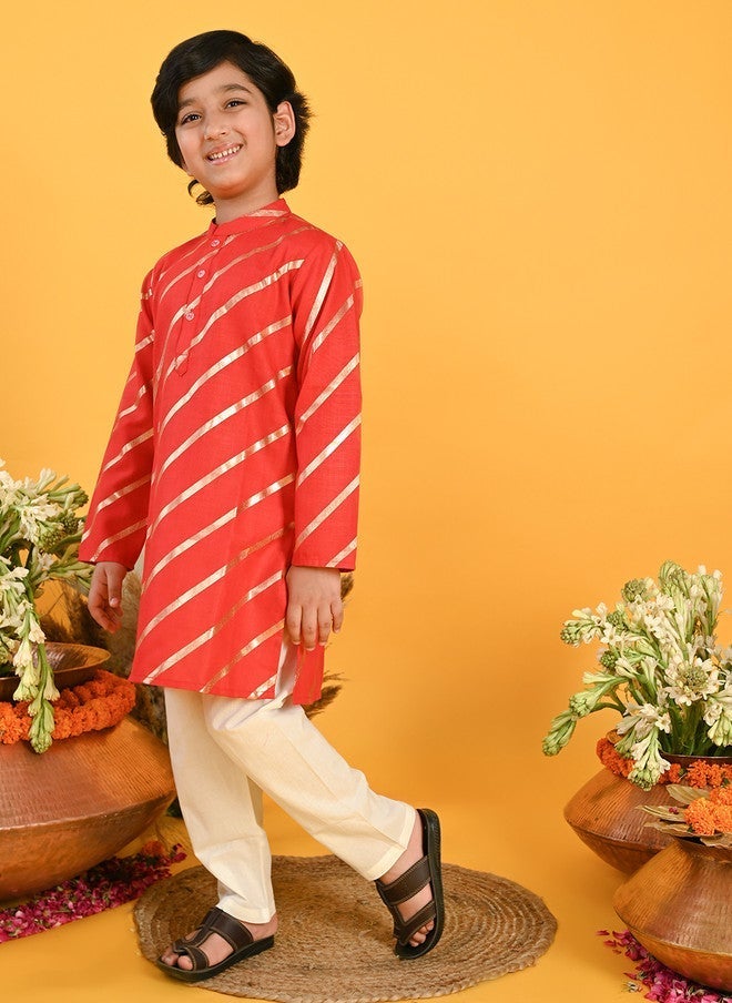 Saka Designs Boys Striped Kurta with Pyjamas in Red - Image 4
