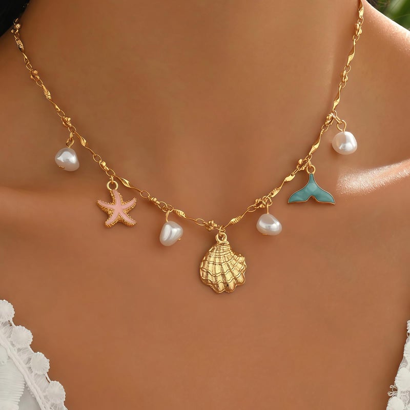 Nackiy Shell Starfish Necklace for Women, 14k Gold Boho Layered Beaded Charm Pendant Necklace, Dainty Adjustable Pearl Conch Summer Beach Vacation Jewelry Gifts(Colorful) - Image 2
