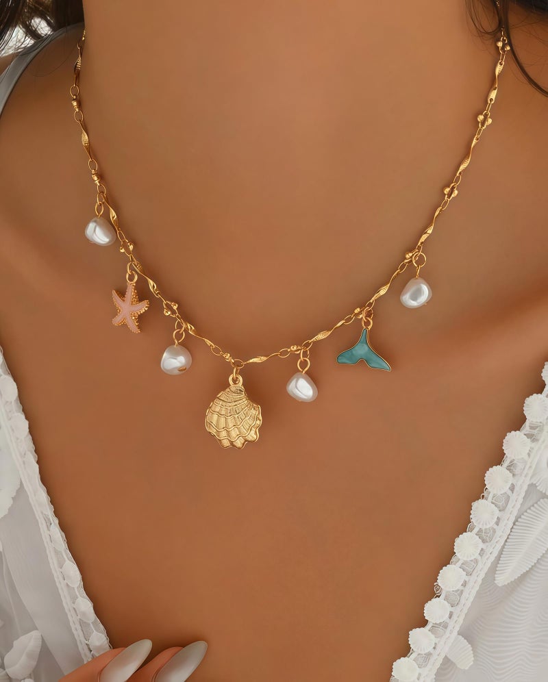 Nackiy Shell Starfish Necklace for Women, 14k Gold Boho Layered Beaded Charm Pendant Necklace, Dainty Adjustable Pearl Conch Summer Beach Vacation Jewelry Gifts(Colorful) - Image 4
