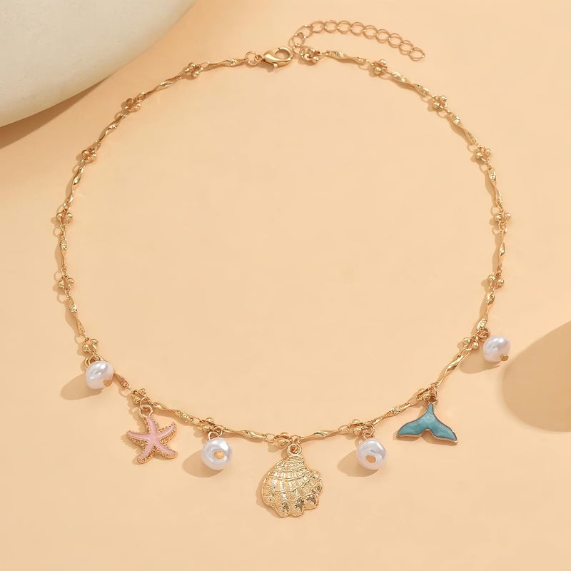 Nackiy Shell Starfish Necklace for Women, 14k Gold Boho Layered Beaded Charm Pendant Necklace, Dainty Adjustable Pearl Conch Summer Beach Vacation Jewelry Gifts(Colorful) - Image 5