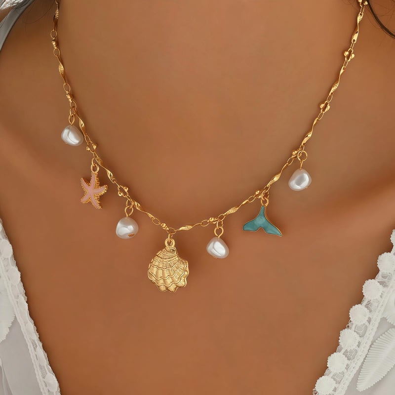 Nackiy Shell Starfish Necklace for Women, 14k Gold Boho Layered Beaded Charm Pendant Necklace, Dainty Adjustable Pearl Conch Summer Beach Vacation Jewelry Gifts(Colorful) - Image 3