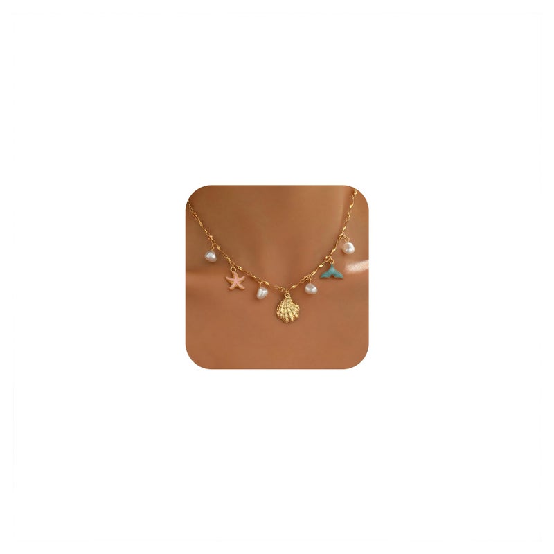 Nackiy Shell Starfish Necklace for Women, 14k Gold Boho Layered Beaded Charm Pendant Necklace, Dainty Adjustable Pearl Conch Summer Beach Vacation Jewelry Gifts(Colorful) - Image 1